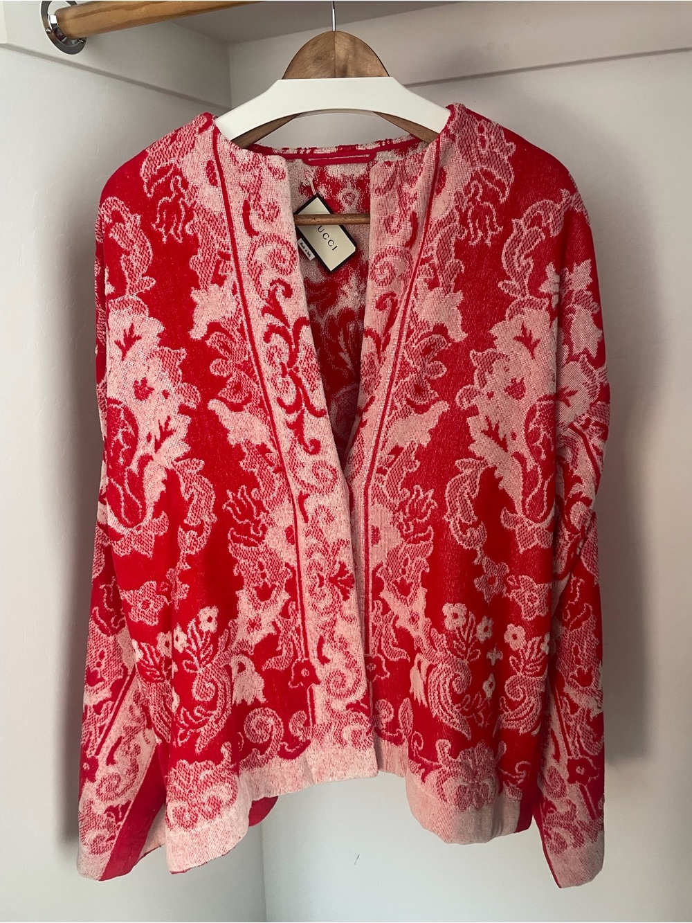 Gucci Red & Light Pink Jacquard Open Cardigan
